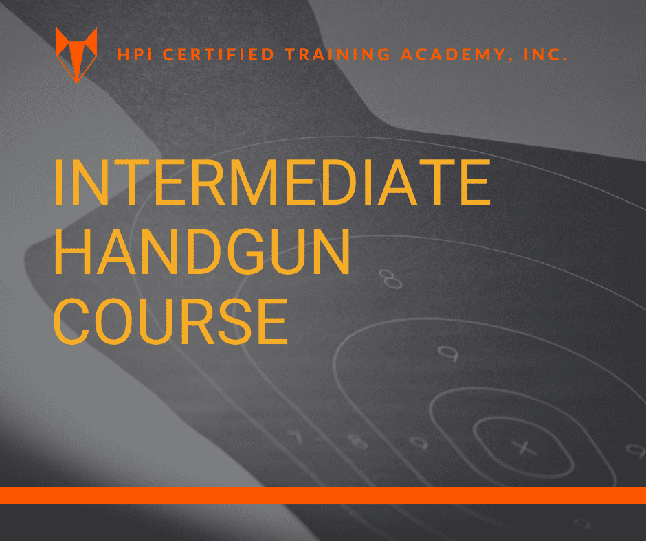 Intermediate Handgun Course, branded graphic depicting single shadowed target advertising for intermediate handgun class