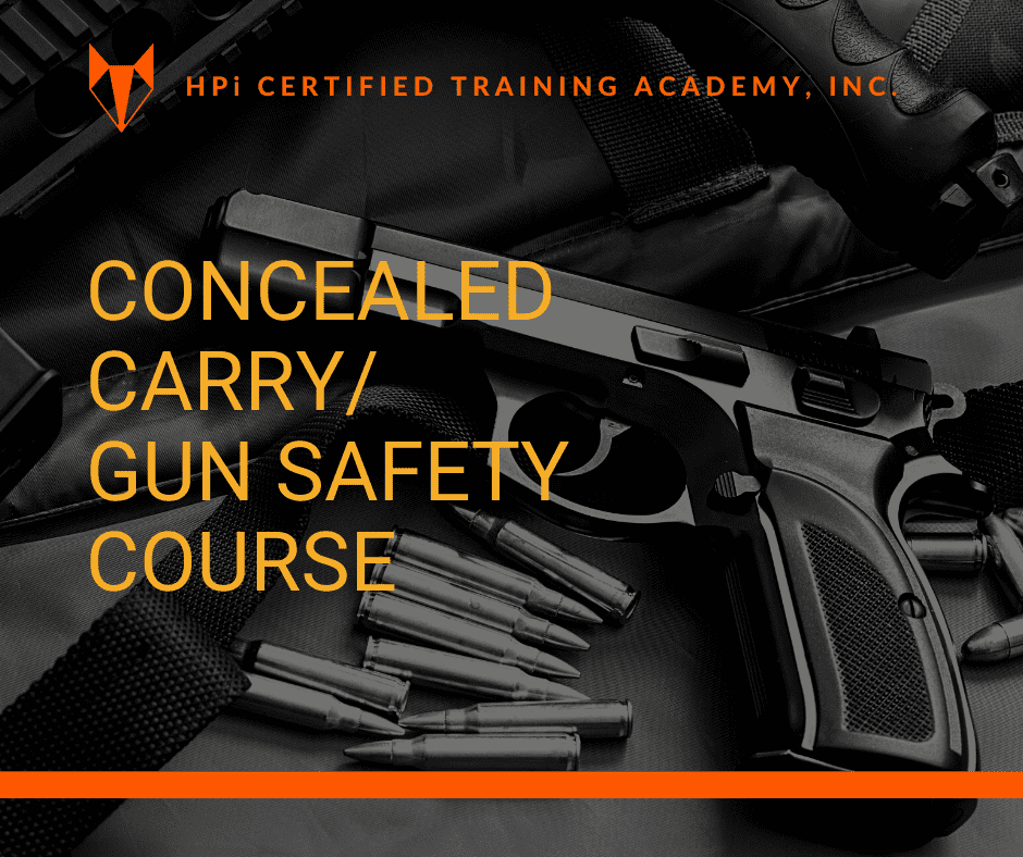Concealed Carry Classes, branded image of a handgun and bullets advertising for concealed carry class